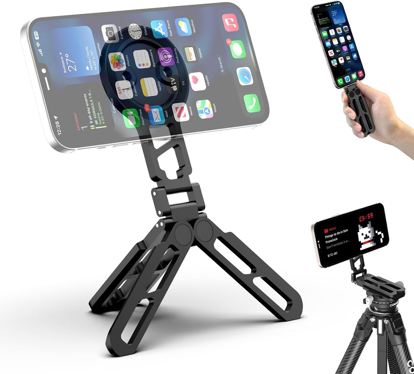 COMAN DP55 Magnetic Phone Tripod for iphone, Foldable Magnetic Mini Tripod Pocket Cell Phone Stand with Arca-Swiss, 1/4'' Screw Hole, Cold Shoe Mount, Compatible with Magsafe for iPhone 16/15/14/13/12