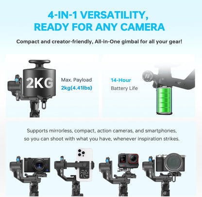 FeiyuTech SCORP Mini 3 Pro [Kit] Camera Gimbal – AI 4.0 Tracking, Detachable Handle [Bag+Fill Light+Extension Pole] 4.4lbs Payload – Gimbal Stabilizer for Mirrorless,Compact,Action Cam & Smartphones