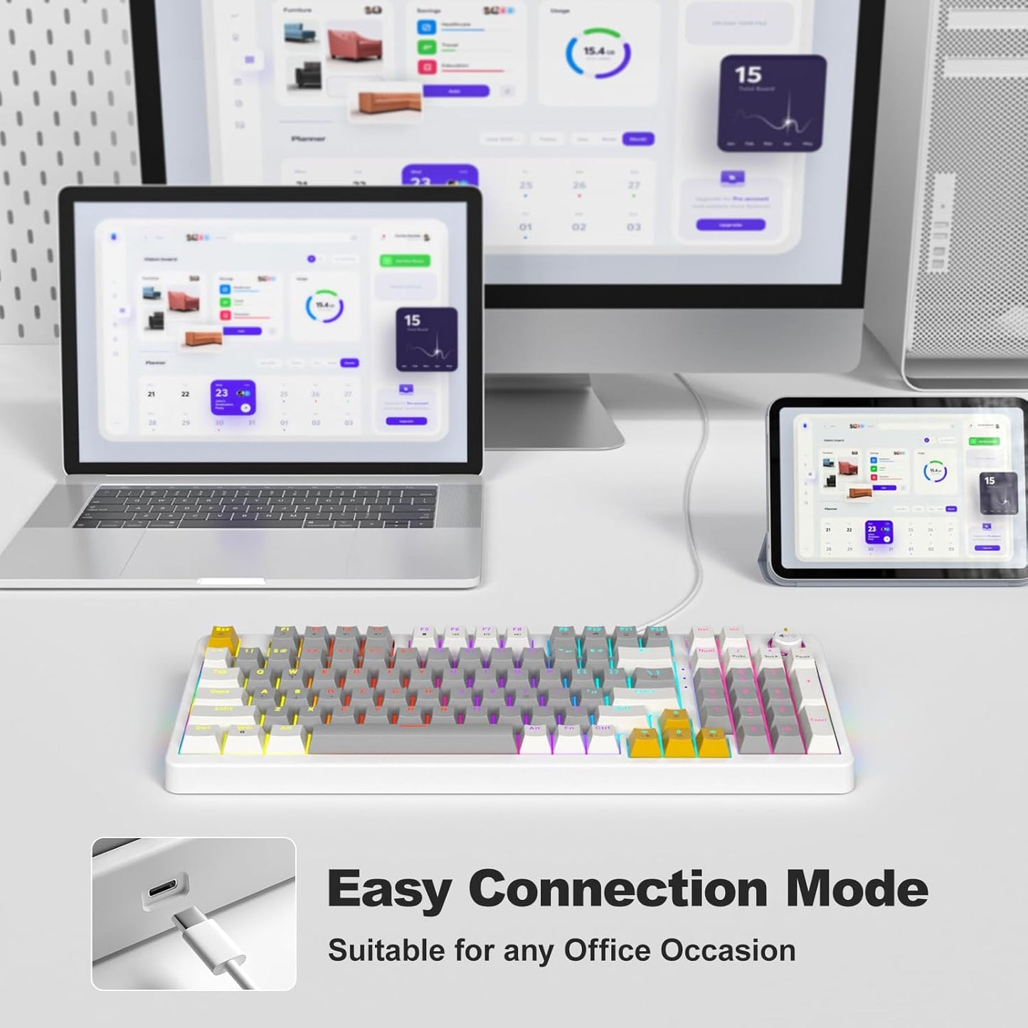 AK96 Smart Mechanical Keyboard Gaming, 96 Keys Full Size with LED Colorful Backlit, Clicky Creamy Sounding, USB Wired Computer Keyboard with Volume Knob for PC, Mac, Windows(Grey)