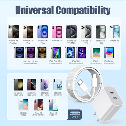 Charger for iPhone 16/15 Pro Max Charger Fast Charging, 2Pack 20W Dual Port USB C Fast Charger Block with 10FT Long USB C to C Charging Cable Cord for iPhone 15 Pro Max/15 Pro/15/15 Plus, iPad Pro/Air