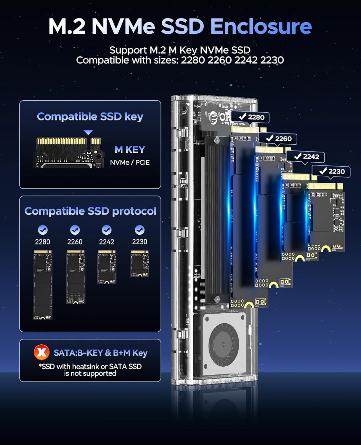 ORICO 40Gbps M.2 NVMe SSD Enclosure with Built-in Cooling Fan, Tool-Free External Hard Drive Enclosure, Support 2230 2242 2260 2280(M Key), Compatible with Thunderbolt 3/4 USB4/3.2/3.1/3.0/2.0-TCM2U4
