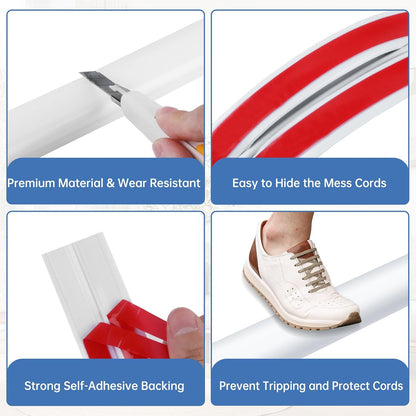 Floor Cord Cover Self Adhesive Cord Hider Floor Extension Cord Covers for Floor Power Cord Protector Cable Management Prevent Cable Trips Cable Cavity 0.51" W x 0.31" H (White, 10Ft)