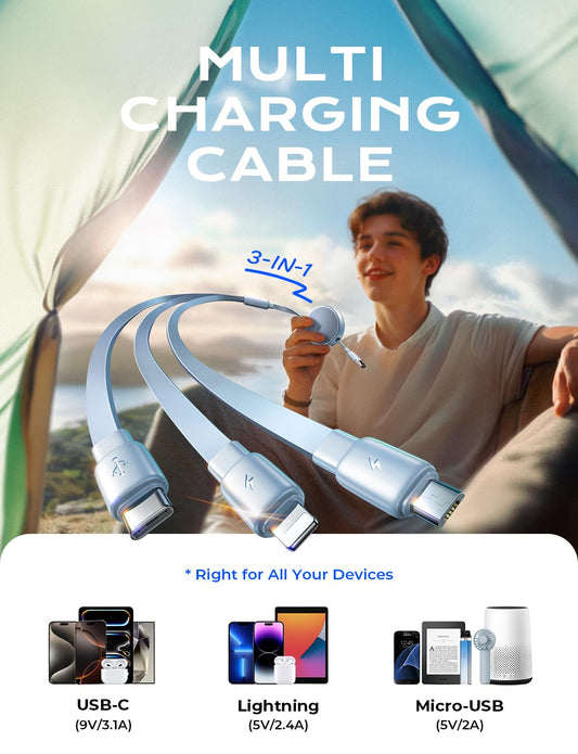 LISEN Multi Charging Cable 3 in 1 iPhone 16 Charger Cord, Retractable Car Charger Type C Cable, Retractable iPhone Charger Cord with Type C/L/Micro USB for iPhone/Samsung/PS/Kindle,Blue