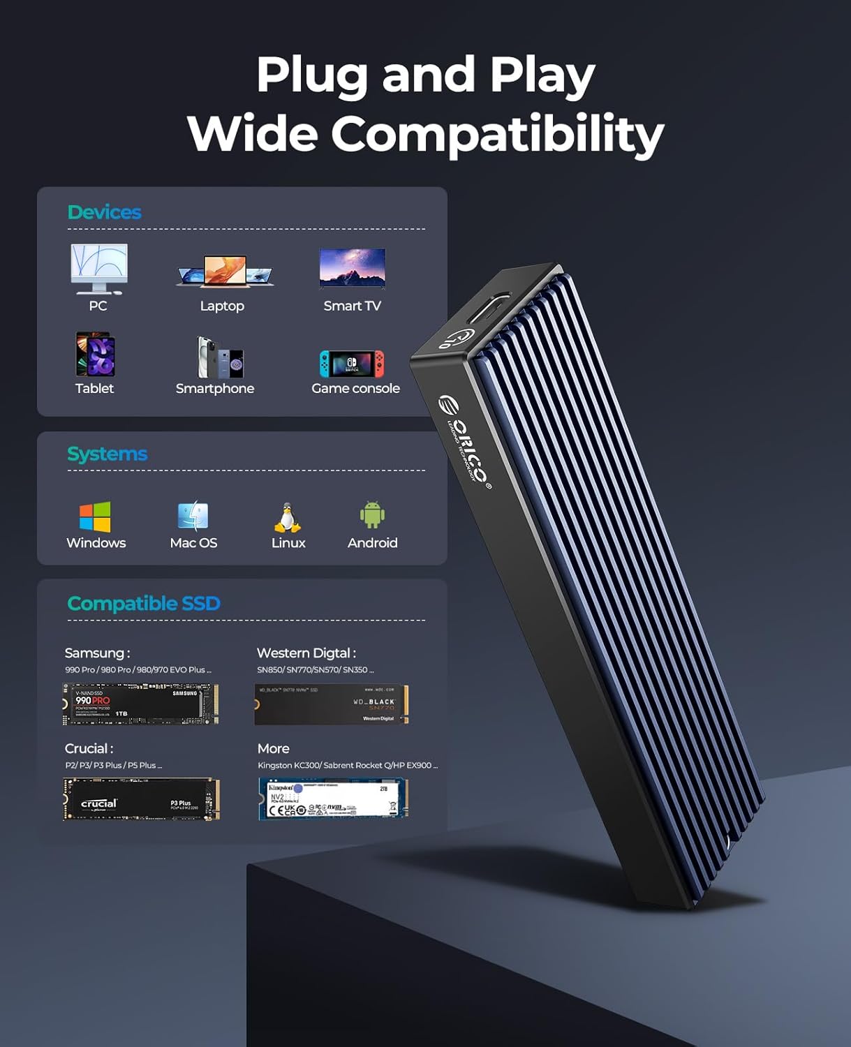 ORICO M.2 NVMe SSD Enclosure, USB 3.1 Gen 2 (10 Gbps) PCIe External Adapter NVMe Case for 2230/2242/2260/2280 M.2 SSD up to 8TB, UASP Supported - M2PV