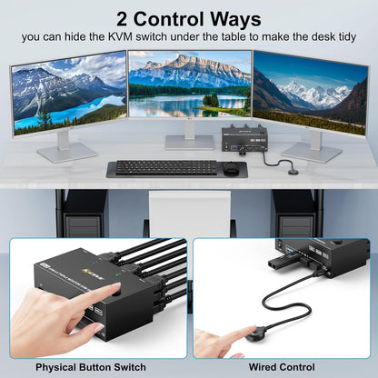HDMI Displayport KVM Switch 3 Monitors 2 Computers 8K@60Hz/4K@144Hz, USB3.0 KVM Switches for 2 PC Sharing Triple Monitor and Keyboard Mouse with Power Adapter,Wired Extend Controller and USB3.0 Cables