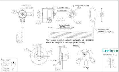 Keyed Alike 5Pack Security Hardware Cable Lock Kit,Retractable Cable Lock Portable Keyed Laptop Lock 5Keys 6.2Ft for Monitors, Laptops, MacBooks, Tablets, iPad,Mac mini,