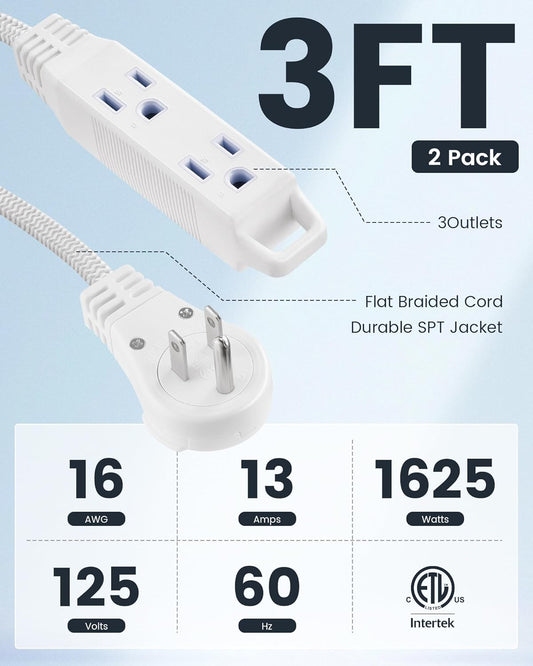 SURAIELEC Flat Extension Cord 3FT, 360° Rotating Flat Plug Extension Cord with 3 Outlets, Braided White Cord for Indoor Use, Small Space, Compact Areas, 16/3C SPT, ETL Listed, 2 Pack