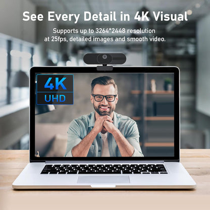 4K Webcam with Speaker and 4 AI Noise-Cancelling Mics, Wide Angle PC Cameras with Remote, Auto Focus, Privacy Cover, Tripod, Great for Computer, Zoom, Skype, Teams, Laptop, Personal Video Calling