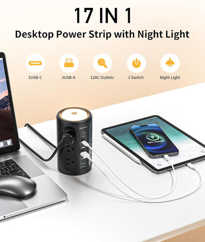 Power Strip Tower with Night Light, Power Strip Surge Protector with USB Ports, Extension Cord 10 FT with Multiple Outlets (12AC+3A+2C) for Home Office Desk DormRoom (Black)