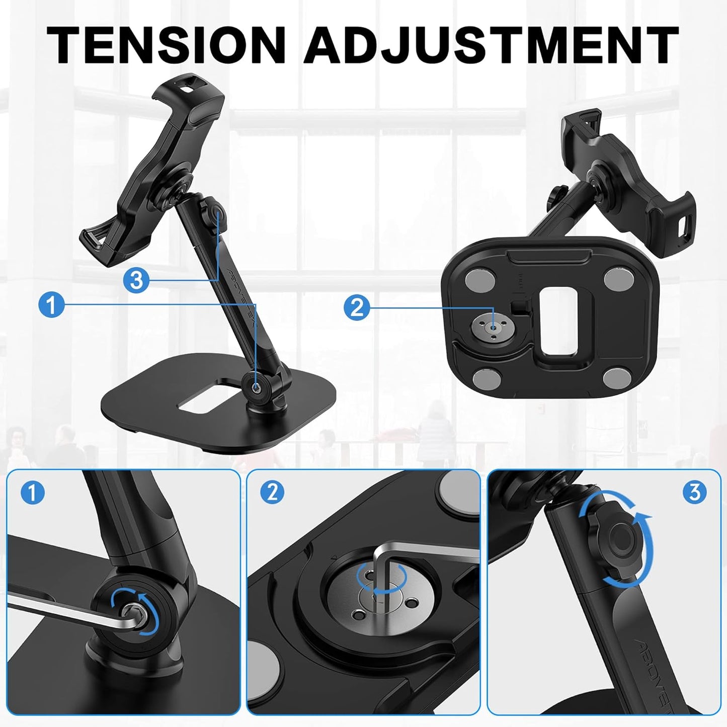 AboveTEK Upgraded Desktop Tablet Stand, 360° Swivel Tablet & Phone Desk Mount Holders for Any 4.7''-13.5'' Display iPad/Cell Phones, Stylish & Sturdy Stands for Store Office Showcase Reception (Black)