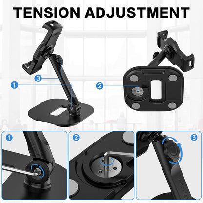 AboveTEK Upgraded Desktop Tablet Stand, 360° Swivel Tablet & Phone Desk Mount Holders for Any 4.7''-13.5'' Display iPad/Cell Phones, Stylish & Sturdy Stands for Store Office Showcase Reception (Black)