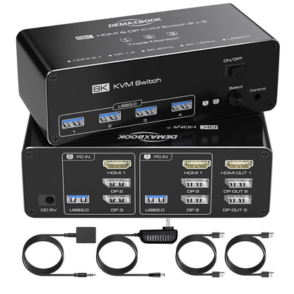 DEMEXBOOK HDMI DisplayPort KVM Switch 3 Monitors 2 Computers 8K@60Hz, 4K@144Hz,Triple Monitor KVM Switches with 4 USB 3.0 Ports, Wired Remote, USB3.0 Cables，Power Adapter Included