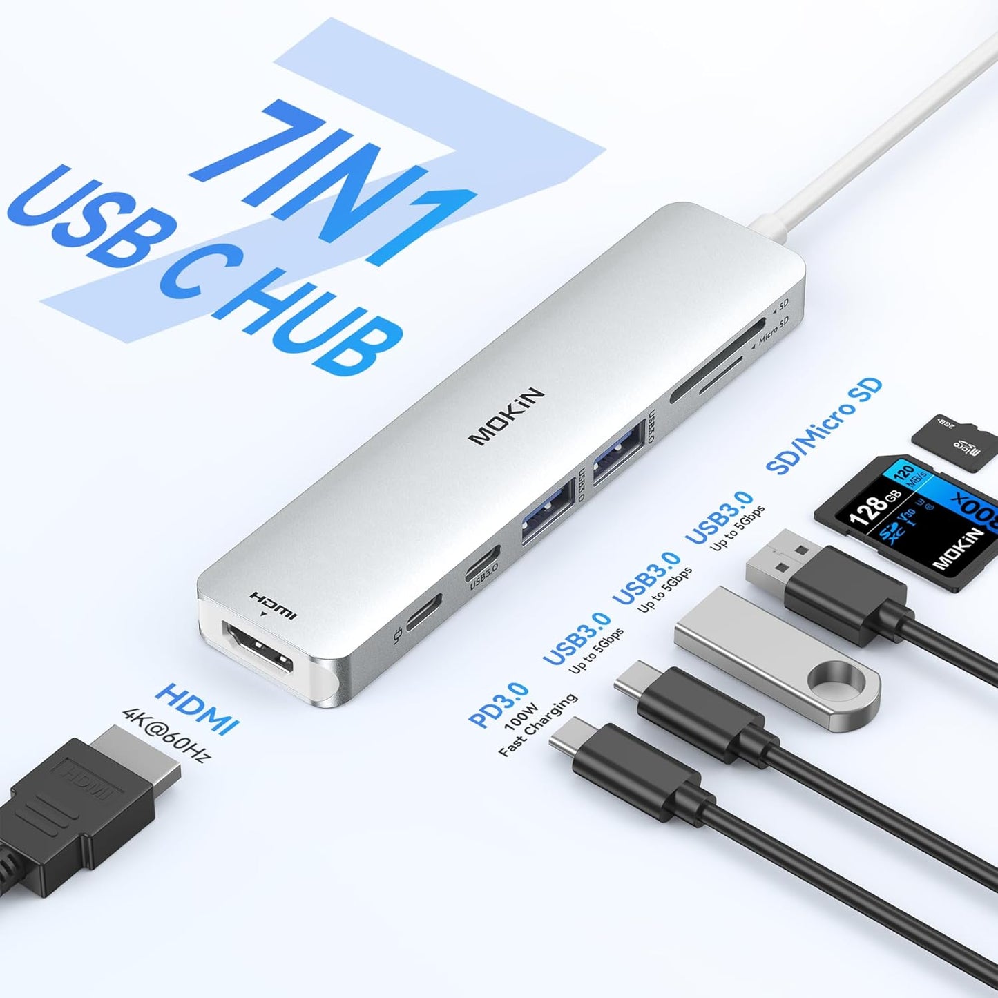 MOKiN 7 in 1 USB C Dongle with HDMI, SD/TF Card Reader, Data Port, 100W PD, 2 USB 3.0 for MacBook Pro/Air, Dell XPS, Lenovo Thinkpad