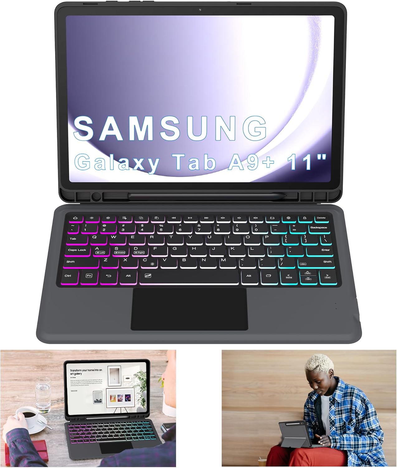 for Galaxy Tab A9+ 11 inch Case with Keyboard - Rainbow Backlit Detachable Tablet Keyboard Cover with Touchpad - Auto Wake-up/Sleep Keyboard Case with Pen Holder for Samsung Galaxy Tab A9 Plus 5G 2023