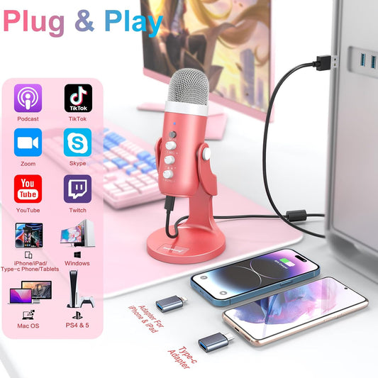 ZealSound USB Microphone,Condenser Computer Mic,Plug&Play Gaming Microphones for PS 4&5.Headphone Output&Volume Control,Mic Gain Control,Mute Button,YouTube Podcast on Mac&Windows Pearlescent Pink