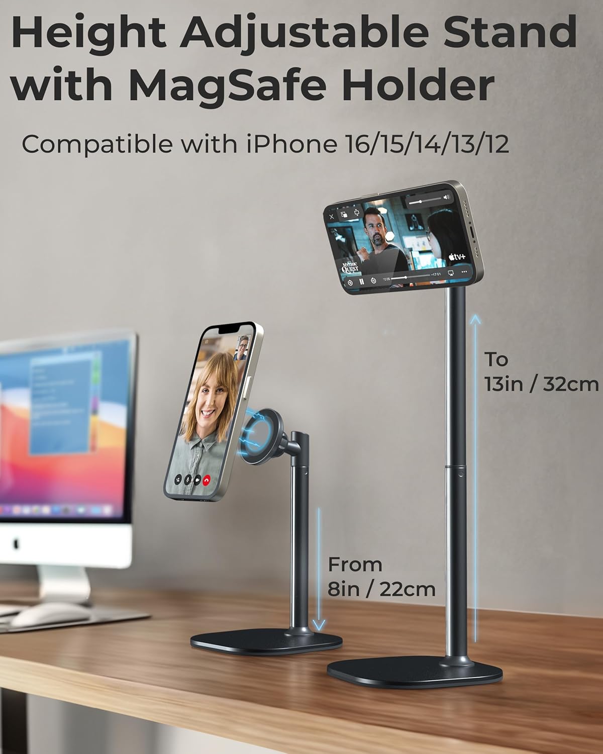 Cooper MagStand - Adjustable Magnetic iPhone Stand for Desk & Phone Holder for Video Recording, Compatible with MagSafe, Stand for iPhone 16 Pro Max, 15/14/13/12, Small Mag Safe Tripod (Night Black)