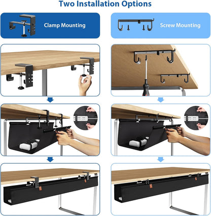 Zilink No Dril Under Desk Cable Management Tray 40" Cord Organizer for Table Clamp/Screw Mount Premium Fabric Cable Management Tray for Home Office Gaming Desk