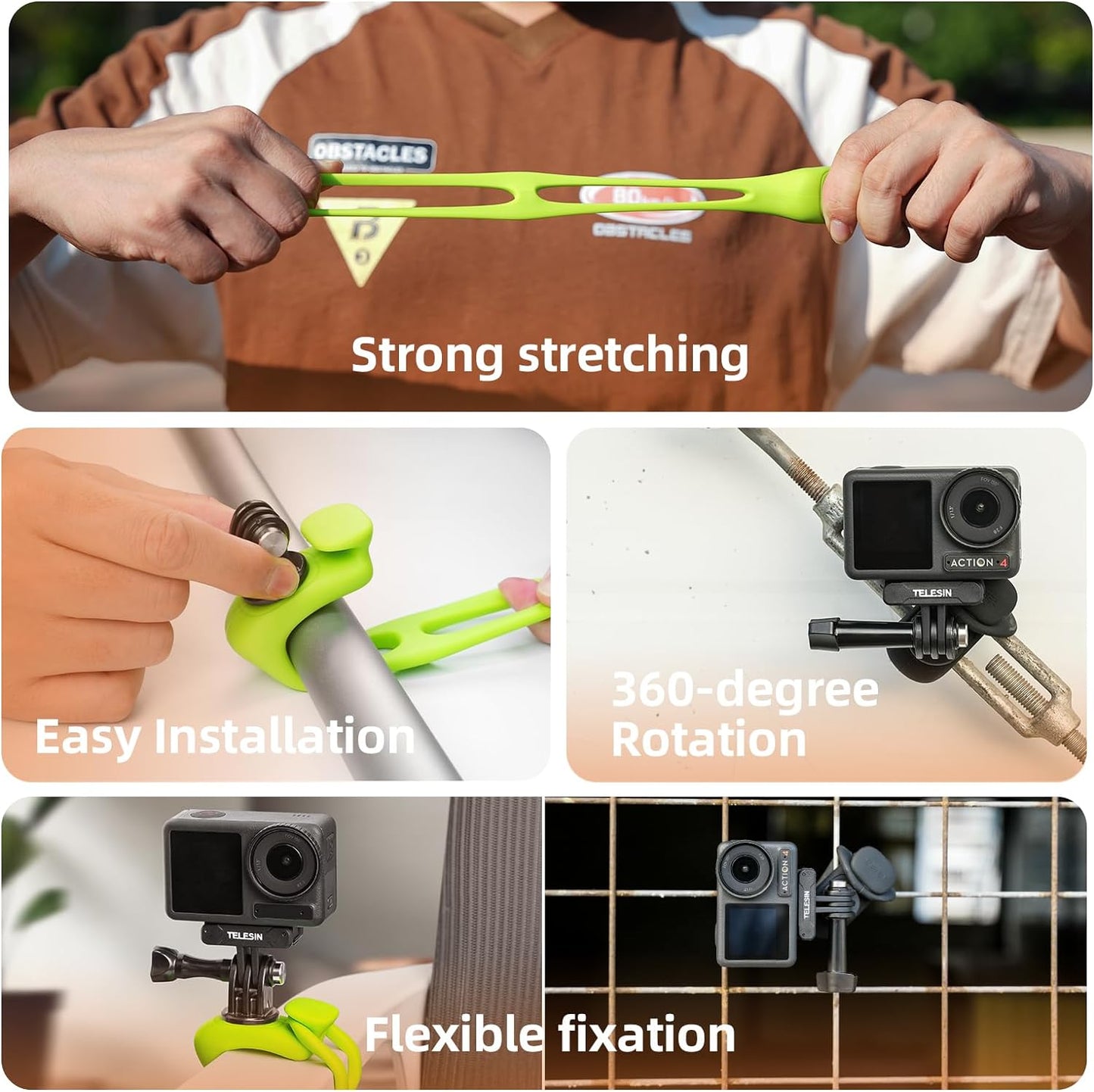 TELESIN Camera 360 Strap Mount Flexible Wrap Band Bike Motorcycle Handlebar Tube Roll Bar Stick Pole Ski Holder Accessories for GoPro Max Hero 13 12 11 10 9 Insta360 Ace Pro X3 DJI Action 3 4 Pocket