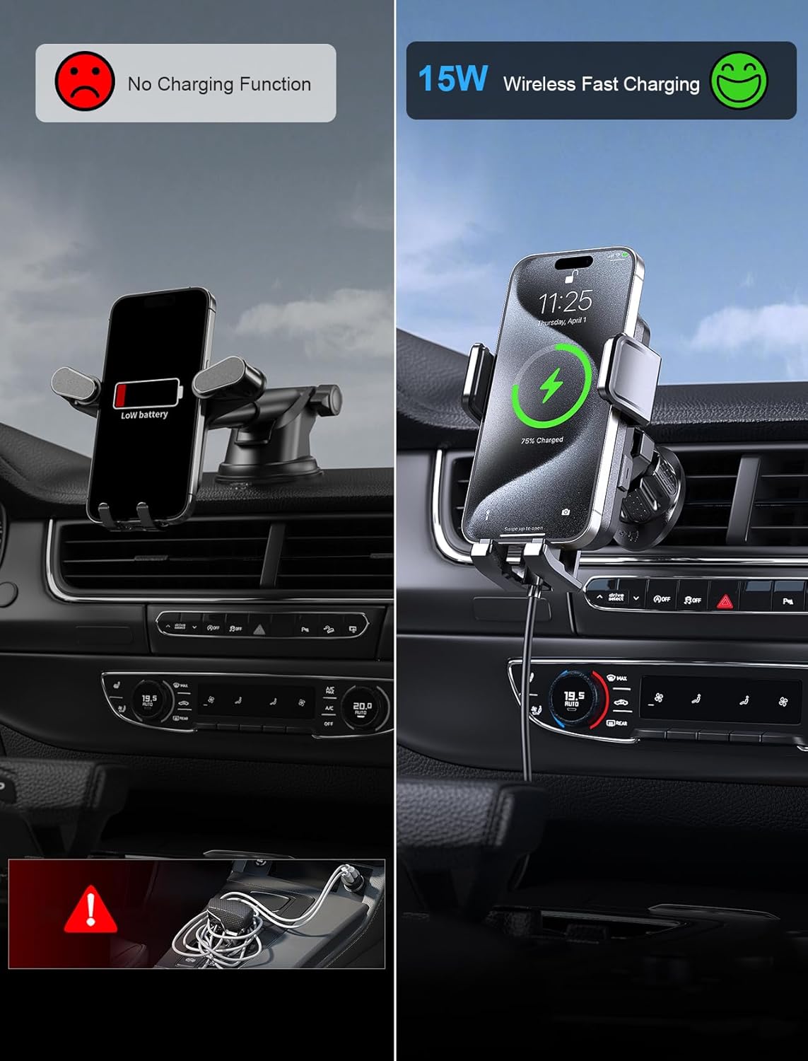 Wireless Car Charger, MOKPR 15W Fast Charging Auto Clamping Air Vent Car Phone Holder with LED Light Car Charger for iPhone 16 15/14/13/12 Pro Max Plus, Samsung S23/S22/S21,etc