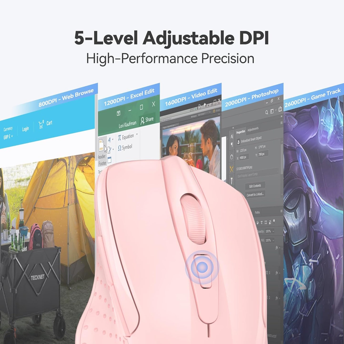 TECKNET Wireless Mouse, 2.4G Ergonomic Optical Mouse, Computer Mouse for Laptop, PC, Computer, Chromebook, Notebook, 6 Buttons, 24 Months Battery Life, 4000 DPI, 6 Adjustment Levels