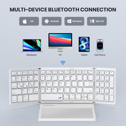 Foldable Bluetooth Keyboard, Portable Full Size Folding Keyboard with Large Touchpad, Numeric Keypad, PU Leather, Wireless Travel Keyboard for Windows Android Mac(White)