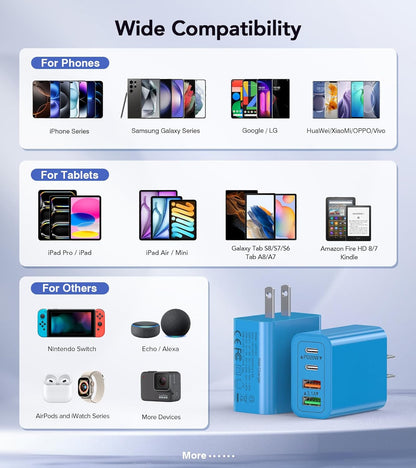[40W/2Pack] Wall Charger, USB C Charger Block, Multi-Port PD + QC 3.0 Super Fast Charging Power Plug Adapter Brick for Watch Series 9 8 7, iPhone 16 15 14 13 Pro Max Airpod, Samsung Galaxy S24(Blue)