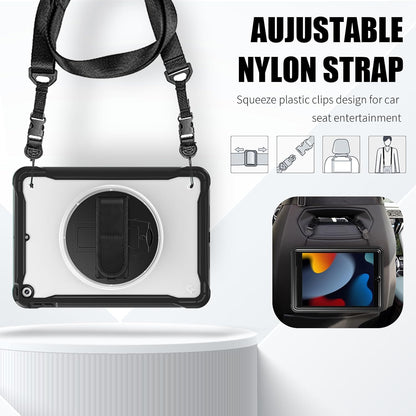 ZenRich Clear Case for iPad 9th/8th/7th Generation 10.2 inch 2021/2020/2019, Shockproof Slim Hard Case with Pencil Holder/360°Rotating Kickstand/Handle/Carrying Strap, Black