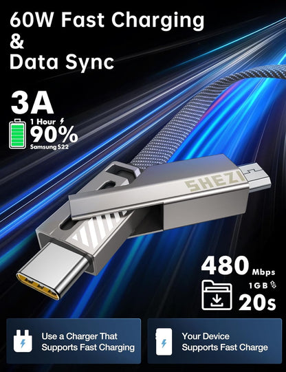 【One is Enough】 4-in-1 USB C to Micro Cable, High-Speed Charging & Fast Data Transfer,CarPlay & Android Auto Support Multi Charger Cord Combo Micro/Type C/USB A for iPhone/Samsung/iPad,5FT