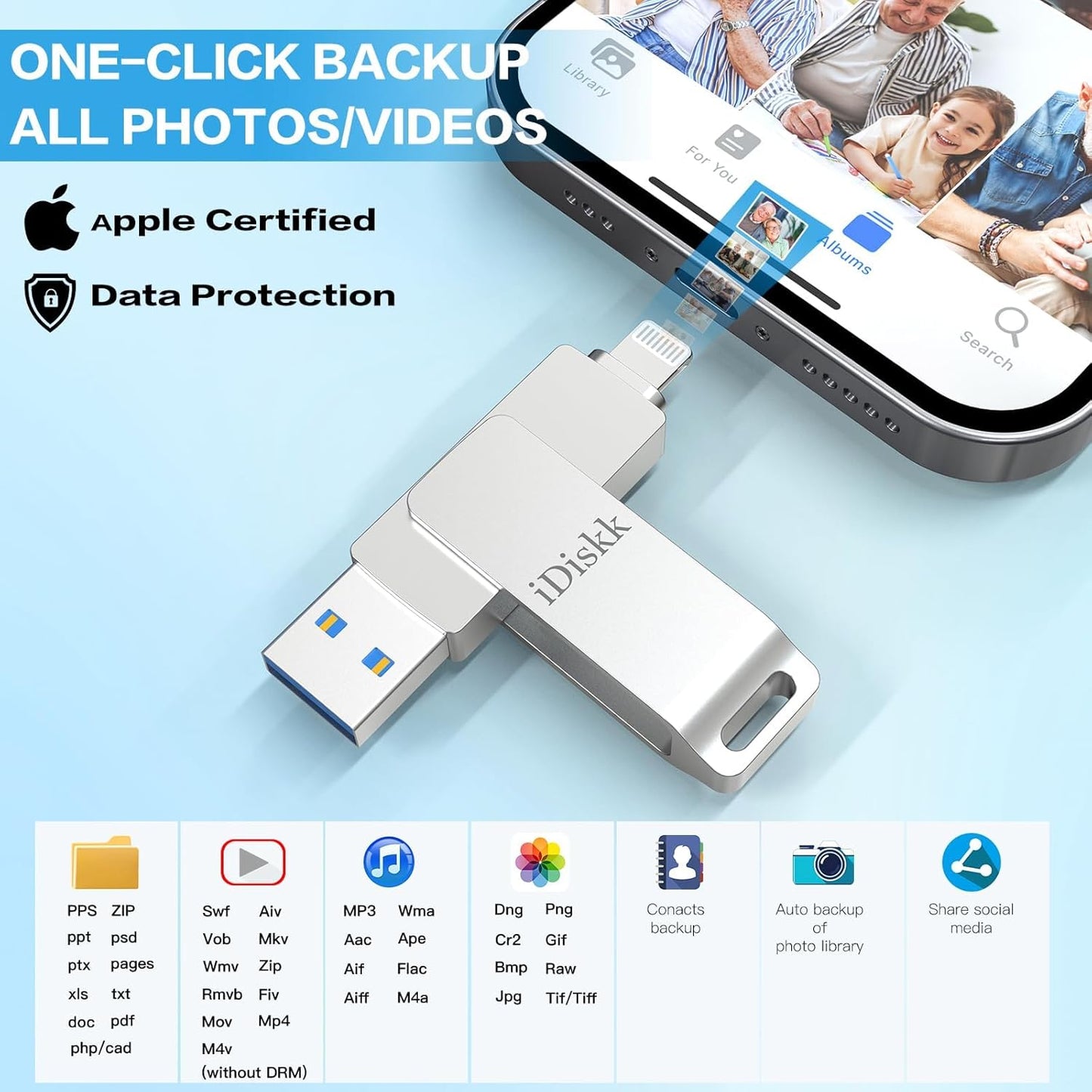 iDiskk 512GB Mfi Certified,Flash Drive for iPhone,Photos and Videos iPhone USB Storage,Photo Stick,for Computer Photo Storage Stick Lightning iPad, Mac/PC,FLASHDRIVE for Your iPhone (auto Backup)