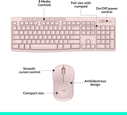 Logitech MK270 Wireless Keyboard and Mouse Combo for Windows, 2.4 GHz, 8 Multimedia Keys, PC, Laptop, Wireless Keyboard Compact Mouse Combo - Rose