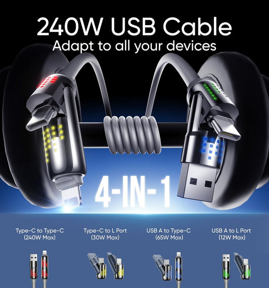 MAGIC JOHN 240W 4 in 1 Charging Cable, 6.6FT USB C to Lightning Cable [MFi Certified], Chubby USB A/C to C/Lightning with Light for iPhone/MacBook/iPad/Samsung/Switch 2, Multi Chargers for All Devices