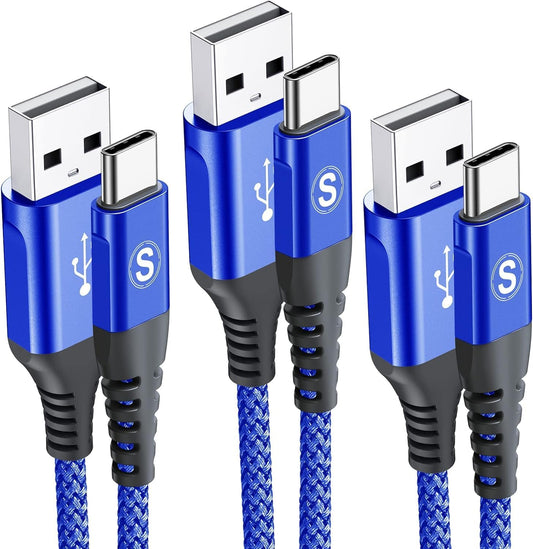 sweguard USB Type C Charger Cable [3-Pack,10ft+6.6ft+3.3ft] iPhone 15 Charger Nylon Braided Cord for iPhone 15 Pro Max Samsung Galaxy S23 S22 S21 S20 S10 Note 20 10 Flip A53 A54 Pixel LG Moto PS5-Blue