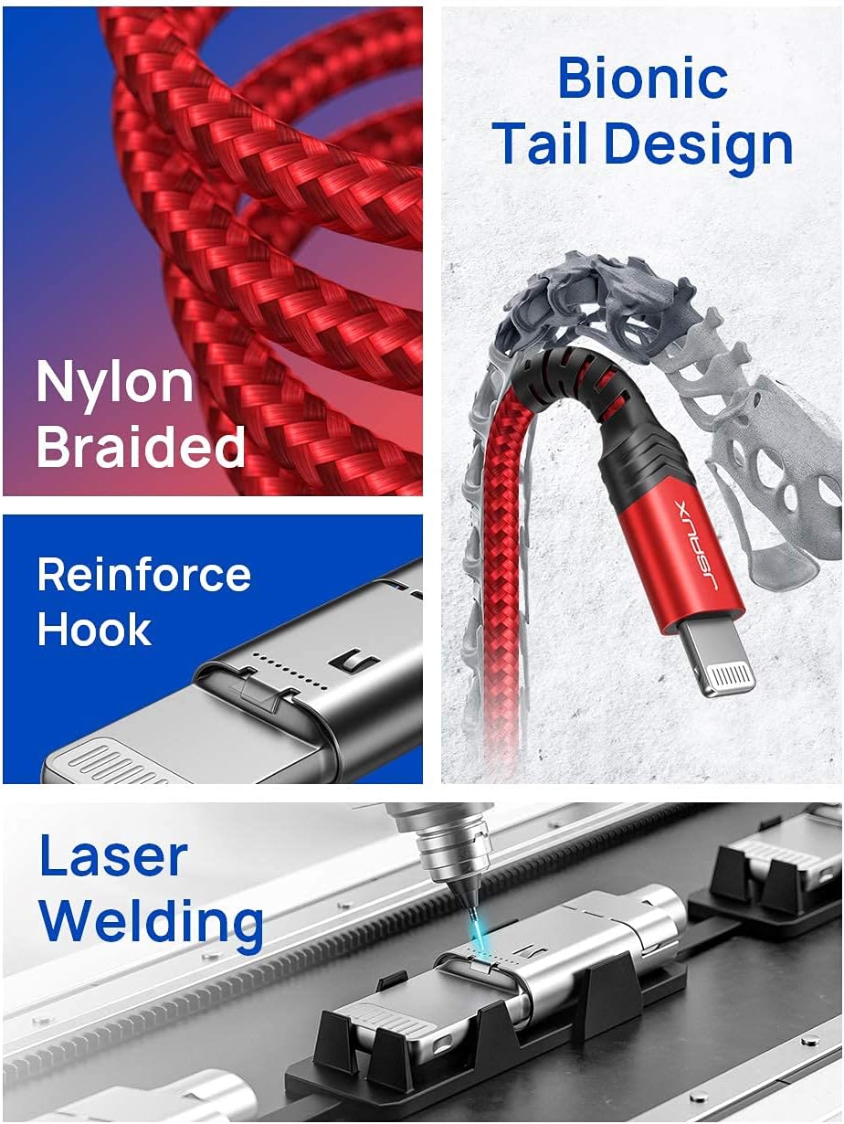 JSAUX Apple MFi Certified Lightning Cable 4ft, iPhone Charger Cable Nylon Braided Heavy Duty, Upgraded C89 USB Lightning Cord for iPhone 11 Xs Max X XR 8 7 6s 6 Plus SE 5 5s, iPad, iPod-Red