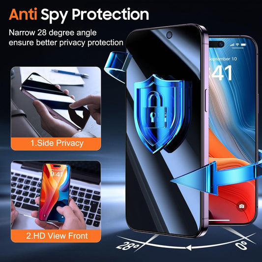 UniqueMe for iPhone 14 Pro Privacy Screen Protector - [Military Grade Shatterproof & 9H+ Hardness] Screen Protector 14 Pro Tempered Glass Full Coverage Protection, Easy to install, 2 Packs