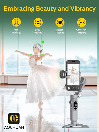 3-axis Gimbal Stabilizer for Smartphone w/ 1/4 Thread Foldable Phone Stabilizer for Recording, Built-in Fill Light, Smartphone Gimbal w/RGB Light for iPhone 15/14 Vlogging(Smart X Kit Grey)