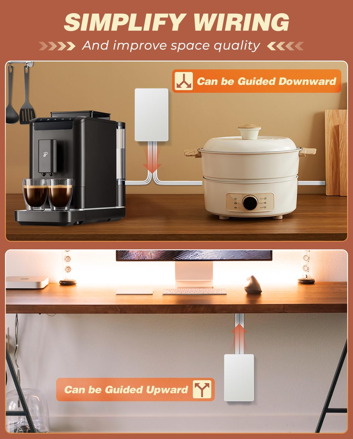 Saker Outlet Cover Extension Cord | 8ft Flat Extension Cord with 3 Outlets,1625W | Universal Size Outlet Concealer | Outlet Cover Baby Proofing for Kitchen, Home and Office(Dual 8ft)