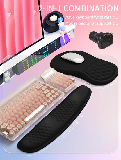 Hokafenle 2in1 Combination, Wave Keyboard Wrist Rest and Ergonomic Curvature Mouse Pad Wrist Support for Relieve Wrist Pain, Filled with Soft Cushion Memory Foam, Black