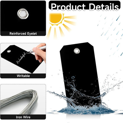 100 Pcs Waterproof Hanging Price Tags with String Attached - Black, 4 3/4" x 2 3/8" for Retail, Engraving, Gift, Equipment, Garage, Shelf Parts