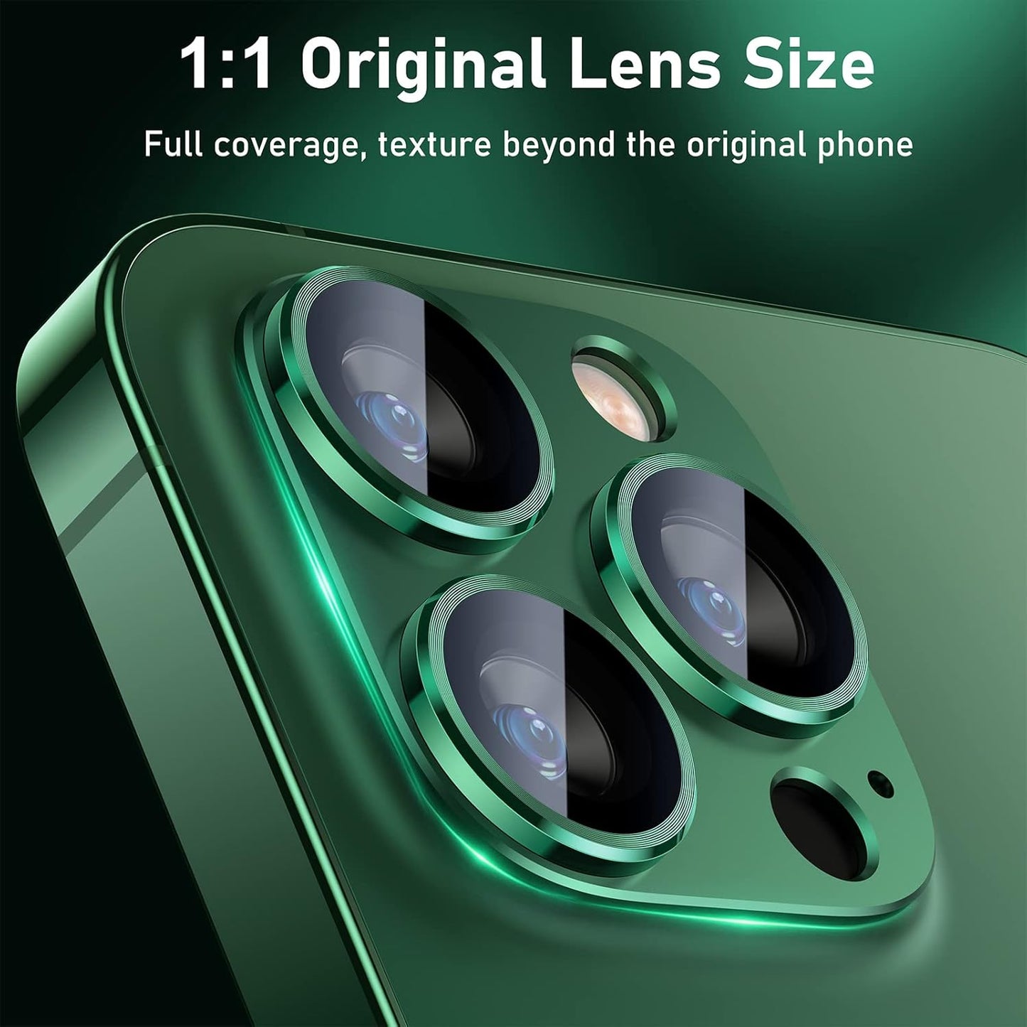 UniqueMe for iPhone 13 Pro/iPhone 13 Pro Max Camera Lens Protector, [Strong Drop Protection] [Not Easy to Fall-off] Metal Ring Tempered Glass Rear Camera Screen Cover, Alpine Green