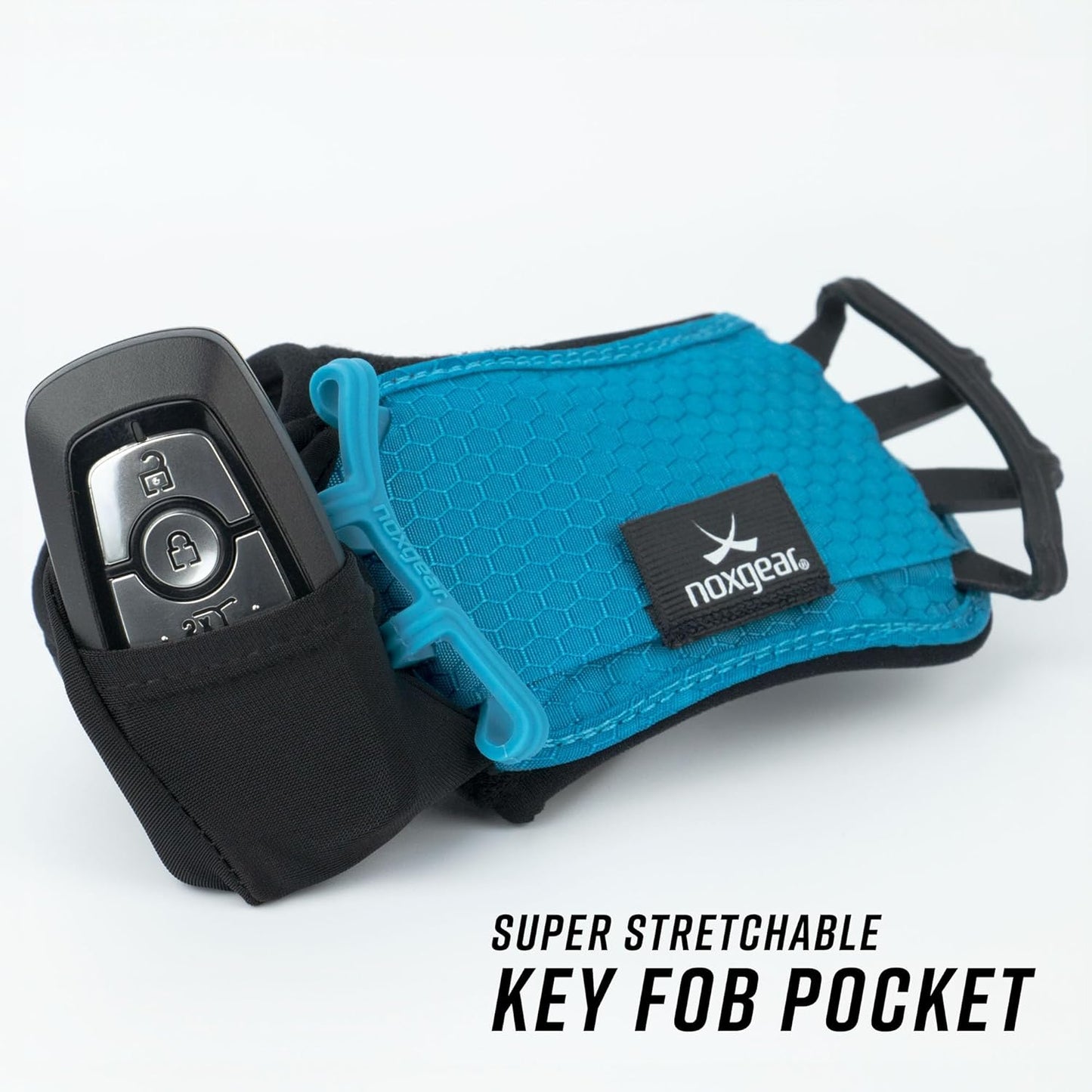 Noxgear Hand Held Phone Holder - Handheld Grip Phone Holder with Key Fob & Card Slot for Running, Jogging & Working Out - Compatible with All Phones - Machine Washable (Noxgear Blue, Right Hand)