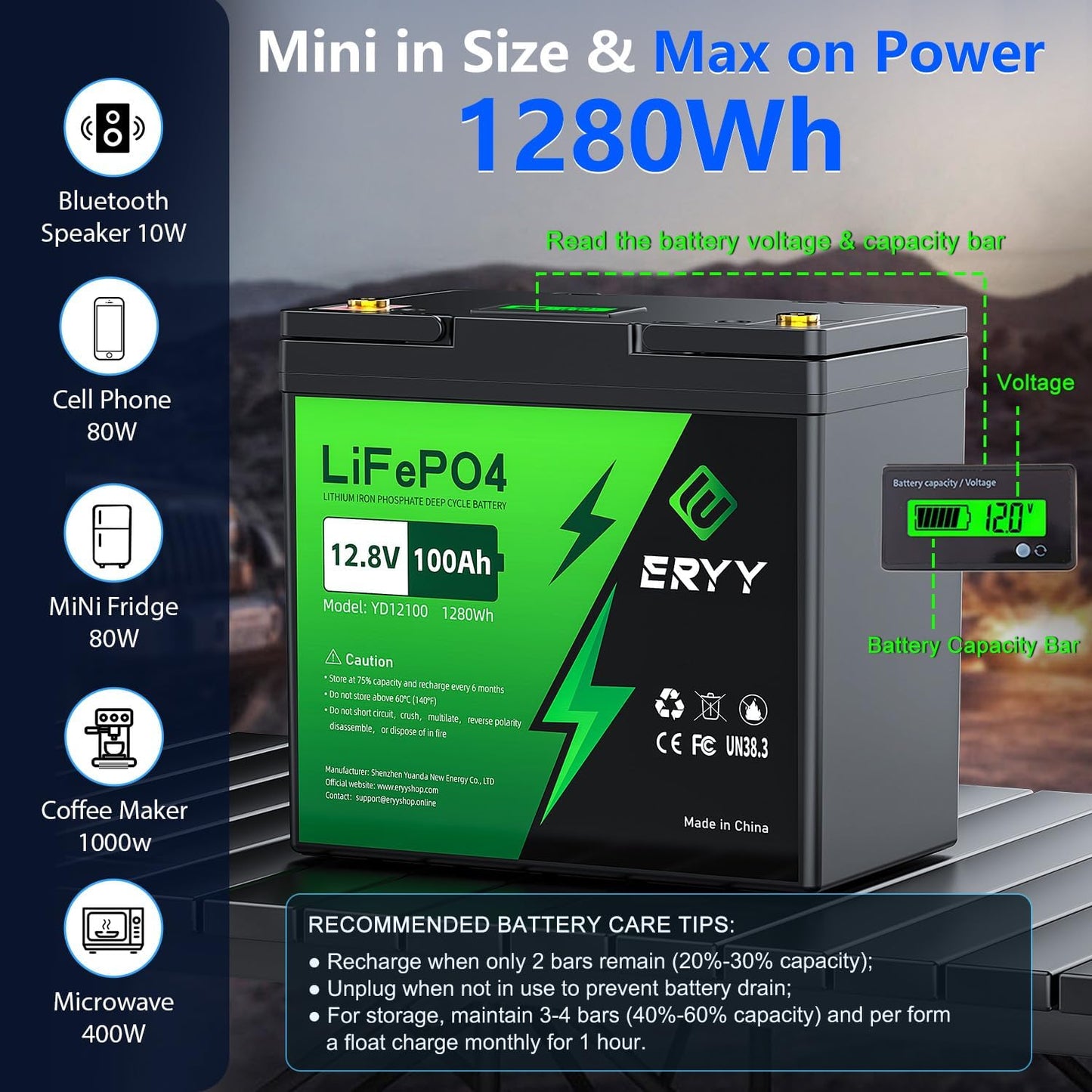 12V 100Ah LiFePO4 Battery, High Density 100Ah Lithium Battery 12v with 100A BMS, VoltMeter, 5000+ Rechargeable Deep Cycle Marine Battery for RV, Boat, Kayak, Trolling Motor, Golf Cart (Mini Size)