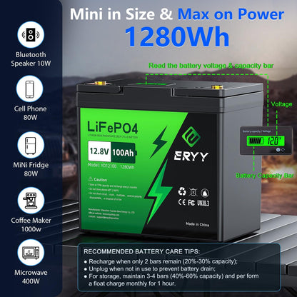 12V 100Ah LiFePO4 Battery, High Density 100Ah Lithium Battery 12v with 100A BMS, VoltMeter, 5000+ Rechargeable Deep Cycle Marine Battery for RV, Boat, Kayak, Trolling Motor, Golf Cart (Mini Size)