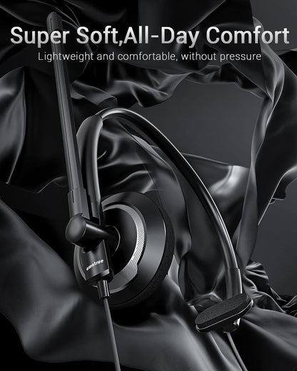 USB Headset with Microphone for PC - Lightweight Single-Ear Computer Headset, Crystal Clear Sound & Comfort Fit, Flexible Steel Headband (3.5mm+USB)