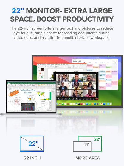 UPERFECT 22" QLED 2K Portable Monitor w/VESA & 180° Adjustable Stand, 2560×1440 QHD FreeSync IPS HDR Gaming Display, USB-C HDMI Travel Second Monitor for Laptop, Switch, Phone