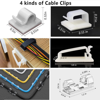 White Cable Management Organizer Kit 4 Cable Sleeve Split,47Cable Clips 12Cord Clips Holder,22 Cable Ties, 20 Adhesive Wall Cable Tie, 200Fasten Cable Ties for TV Electronics