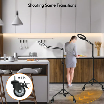 LUXSURE Ring Light Tripod for iPhone, Overhead Camera Mount with Casters,LED Ring Light with Stand and Phone Holder,Phone Tripod with Light for Video Recording/Live Streaming/Cooking