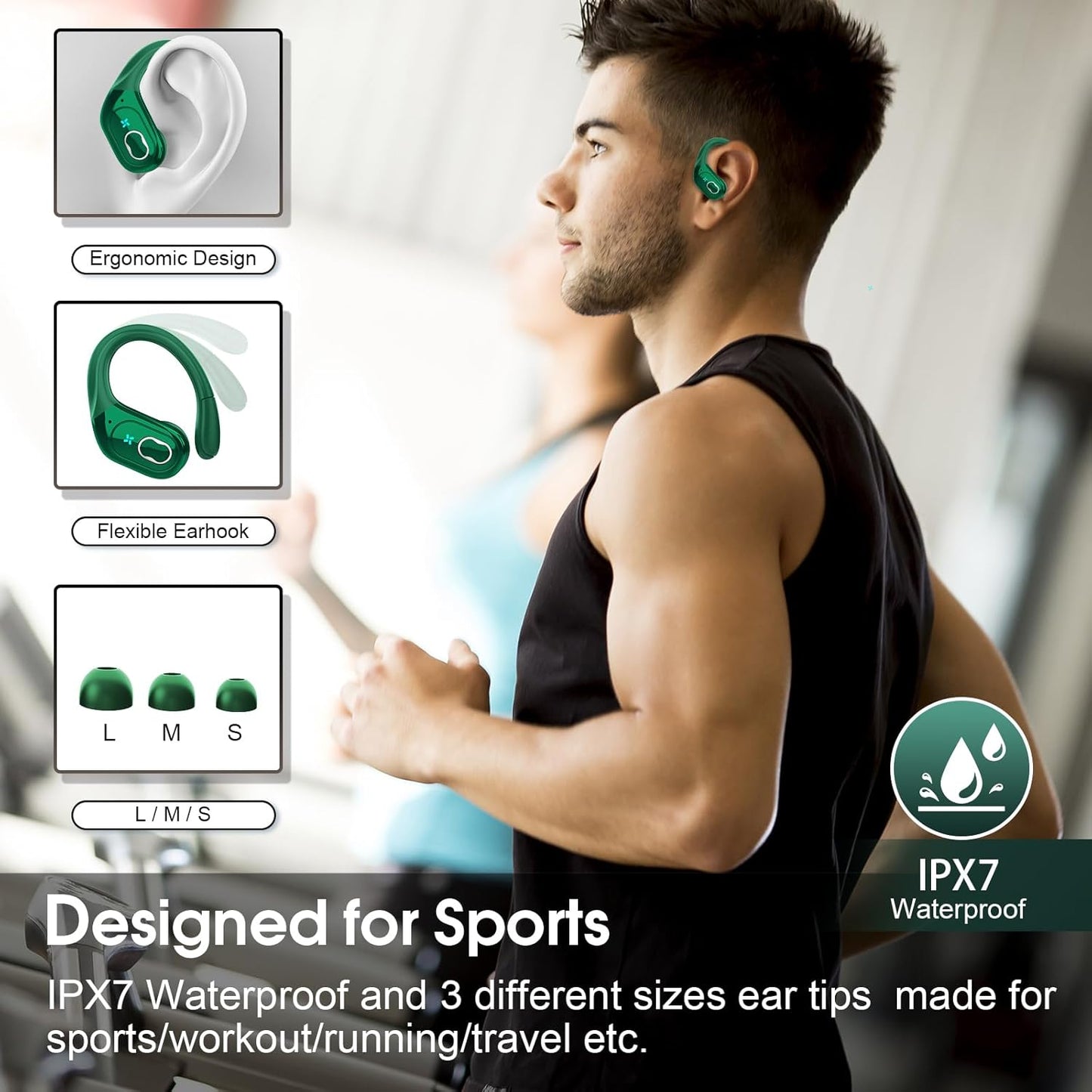 Wireless Earbuds 75hrs Bluetooth 5.4 Headphone Sport, 2025 Bluetooth Earbuds Stereo Deep Bass Over Ear Bud with Earhooks, ENC Noise Cancelling Mic, IPX7 Waterproof Earphone, Dark Green