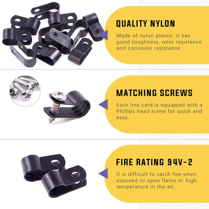 Swpeet 120 Pack Black 5/16 Inch Nylon Plastic R-Type Cable Clips Clamp Kit, Nylon Screw Mounting Cord Fastener Clips with 60 Pack Screws for Wire Management (5/16 Inch, Black)