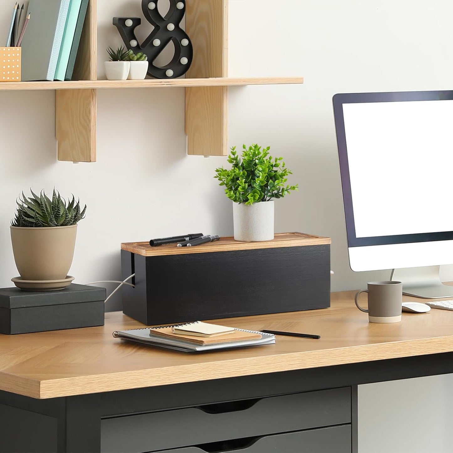 Bivvclaz Large Cable Management Box, Wooden Cord Organizer Box for Desk, Floor, Office to Hide Extension Cords Power Stripes Surge Protectors Chargers Wires, Black