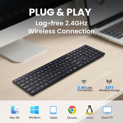 Wireless Keyboard-2.4G Ultra Slim Quiet Full Size Matte USB PC Computer Keyboard,19 Multimedia Keys,Number Pad,Plug&Play,Lag-Free Ergo,Long Battery life for Desktop,Laptop,Smart TV,MAC,Windows,QWERTY